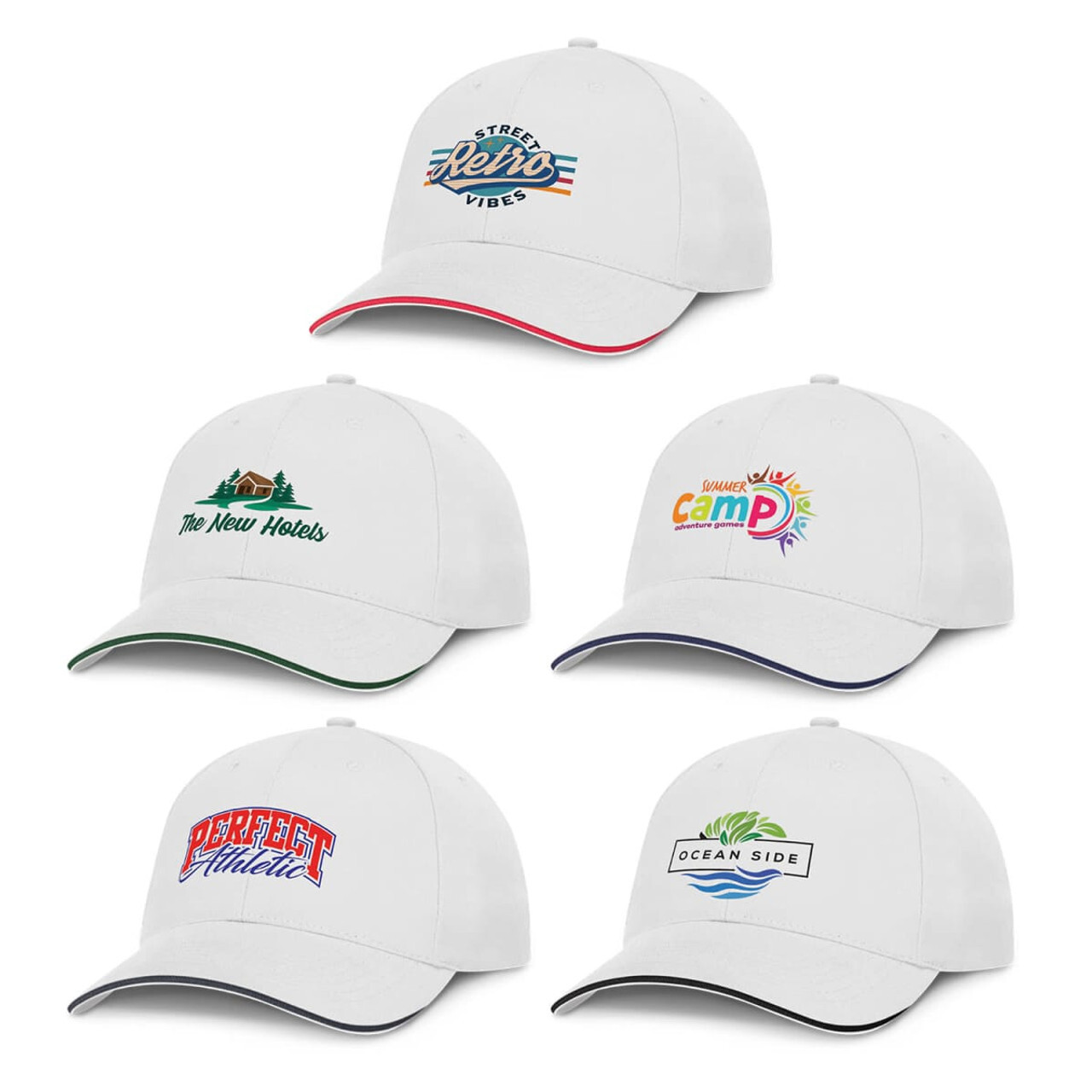 A white cap with a red accent on the brim, designed for headwear promotions.