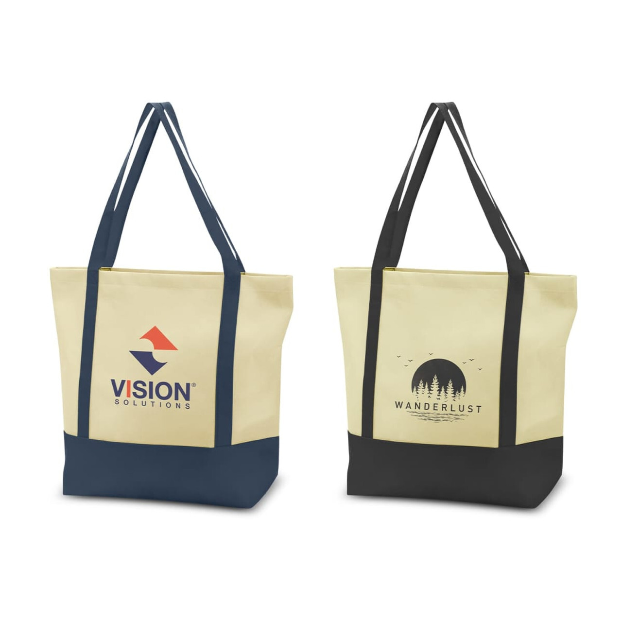 A cream and black tote bag with a logo, featuring a plant design and a person holding it over their shoulder.