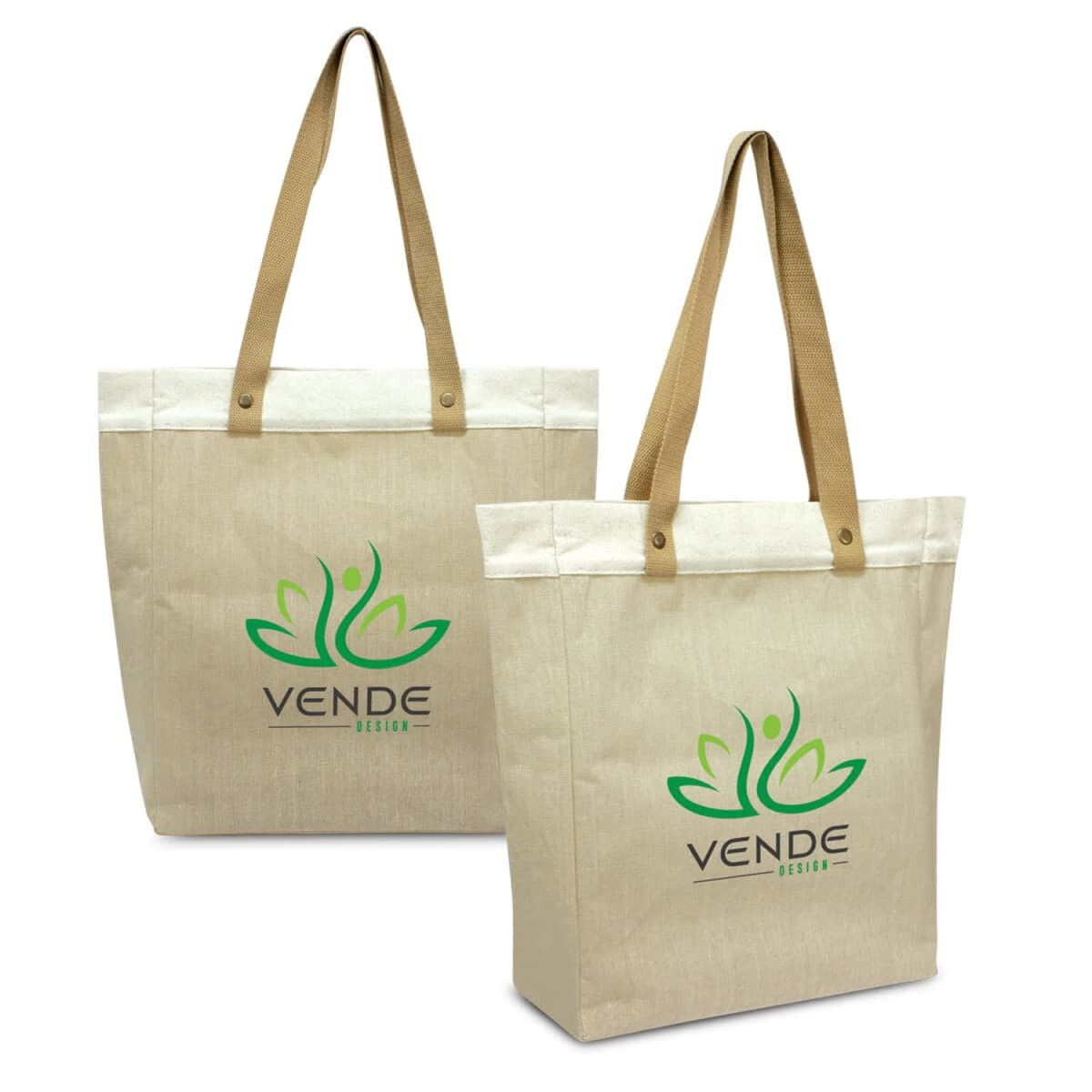 A biege canvas tote bag with brown straps and a logo on the side. Suitable for casual use or shopping.