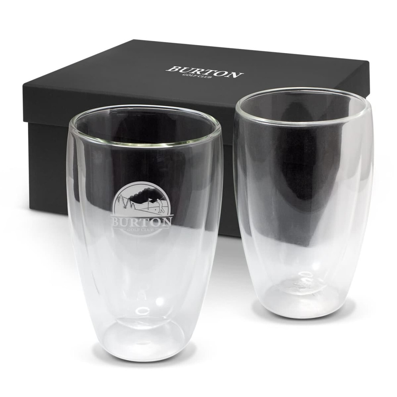 A double wall glass set featuring two clear glasses, designed with a sleek, modern shape.