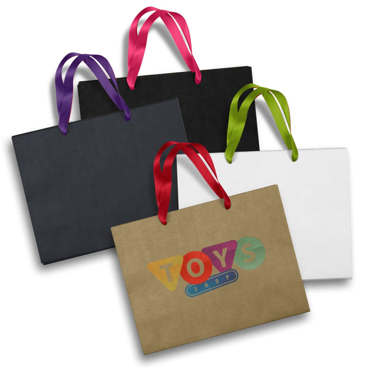 A large paper bag collection in brown, white, and black, featuring ribbon handles and a simple design.