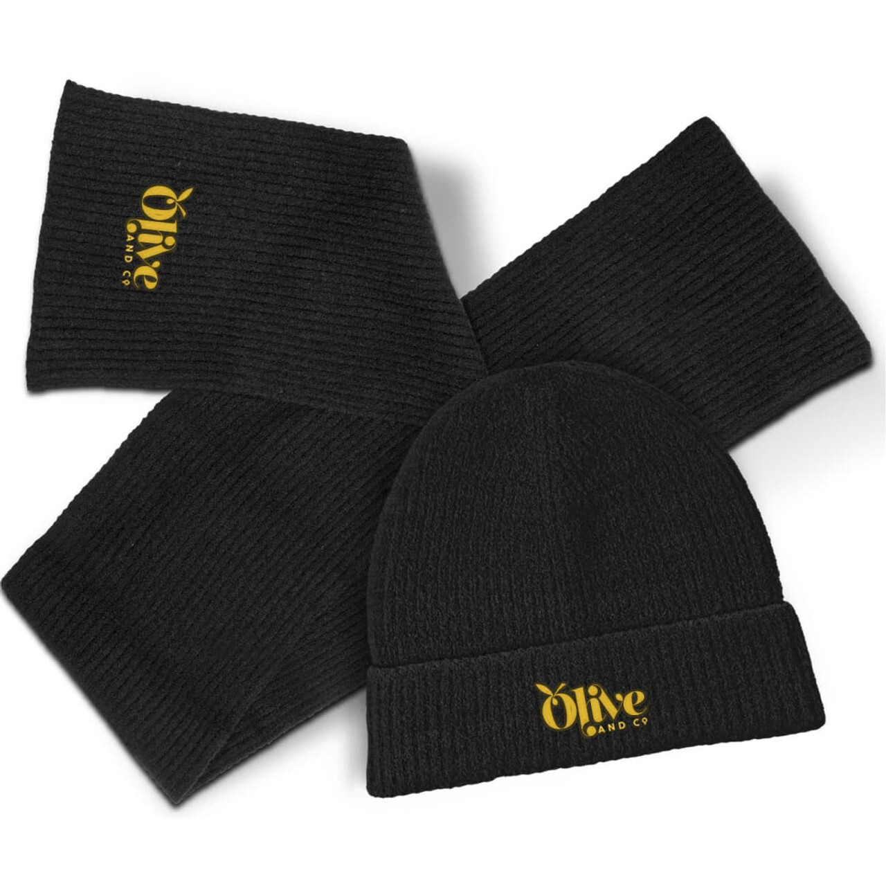 Custom beanies and scarves embroidered with logos, ideal for giveaways, welcome packs, and cold-weather promotions.