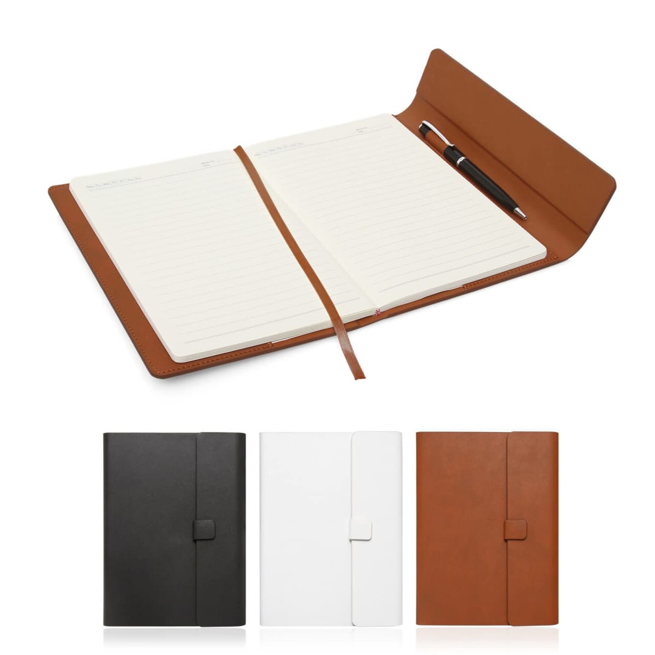 A notebook journal with a leather-look black cover, magnetic closure, and lined pages inside, featuring a pen holder.